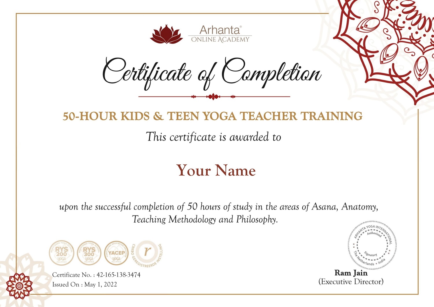 Certificat TTC Teen Kids Yoga