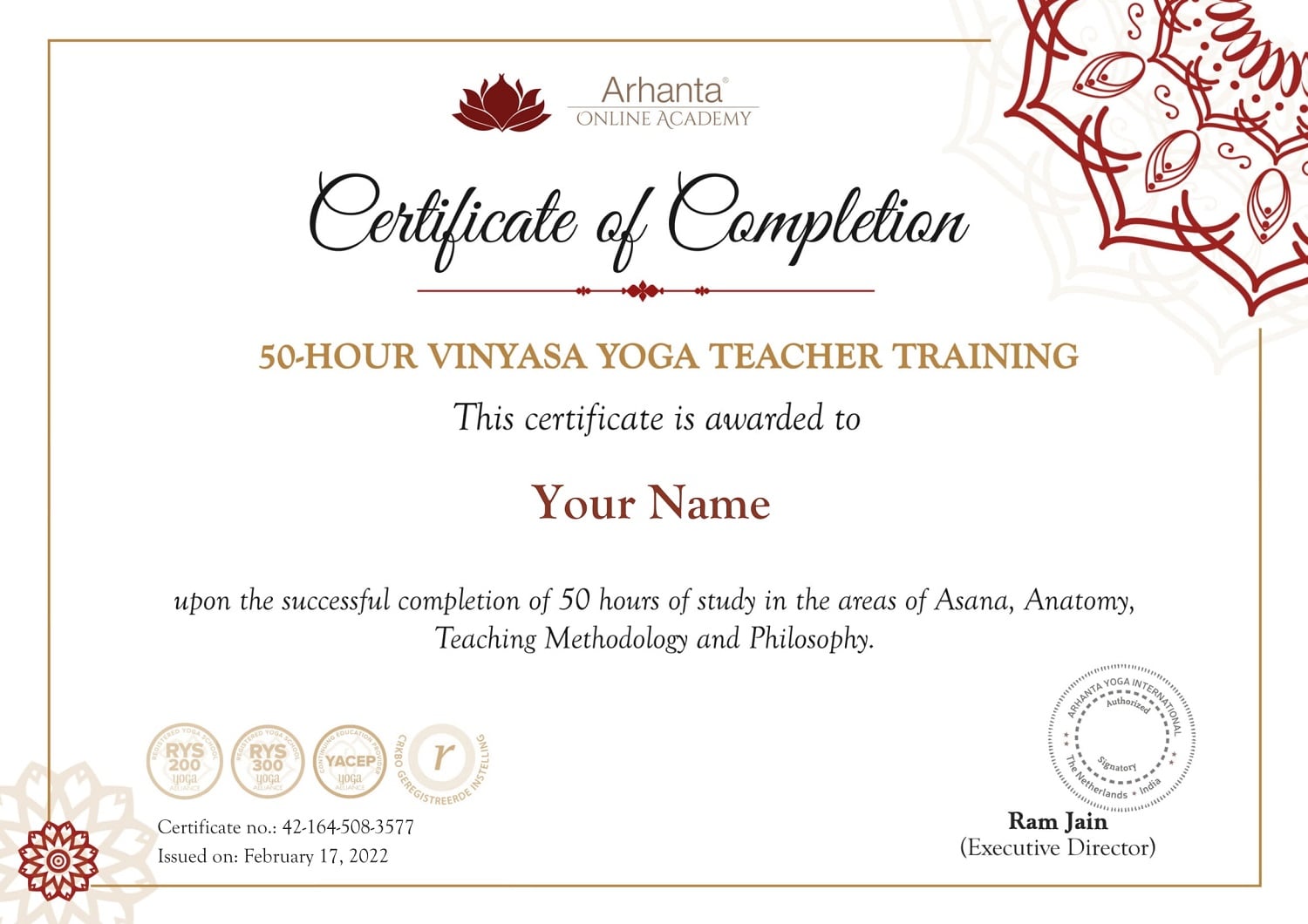 Certificat de 50 heures de Vinyasa YTT