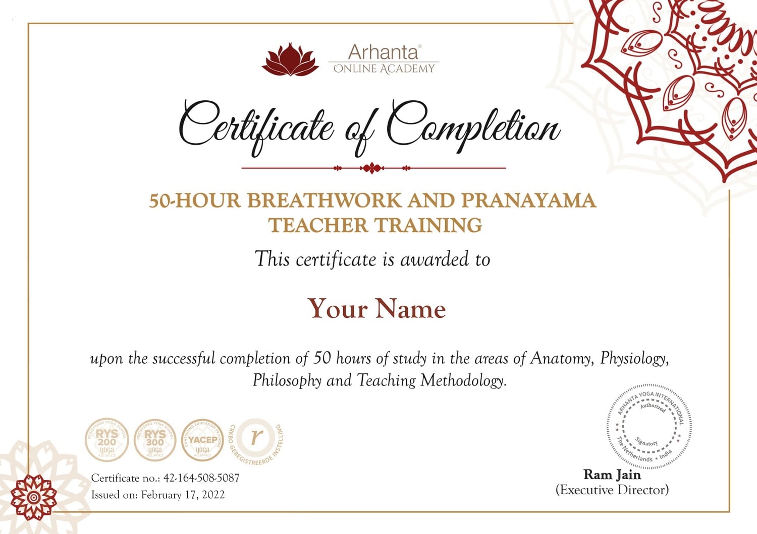 Certificat de formation de professeur de Pranayama Breathwork